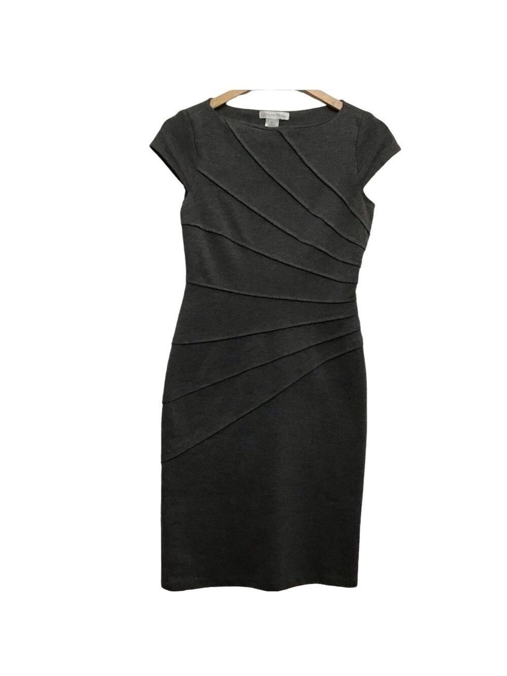 London Times sheath dress charcoal grey short sleeves slimming size 4